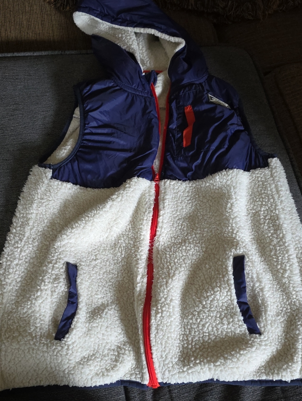 Eddie Bauer Kids Hooded Sherpa Vest in Navy, Cream and Red